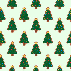 Seamless Pattern with Christmas Tree Gingerbread Cookie. Vector flat illustration.
