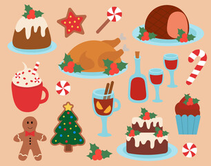 Set of Christmas Food elements. Winter holidays Dishes. Vector flat illustration.