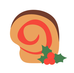 Christmas cake roll with mistletoe. Vector Flat Illustration.