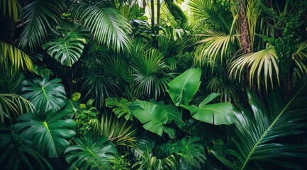 A dense jungle filled with lush greenery, palm trees, and other tropical plants creates an enchanting atmosphere in the rainforest.