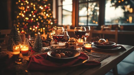 Christmas family dinner in a cozy evening setting with friends, where the glow of Christmas lights and the warmth of the home create a magical atmosphere for a joyful celebration
