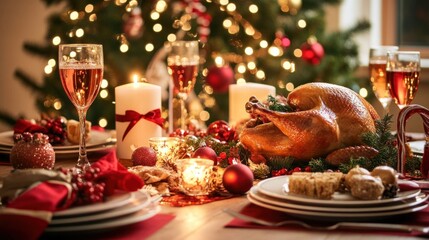 Christmas Gathering at Home, where family and friends come together for a cozy and festive holiday meal. The table is set with a roast turkey, and the atmosphere is filled with love and laughter