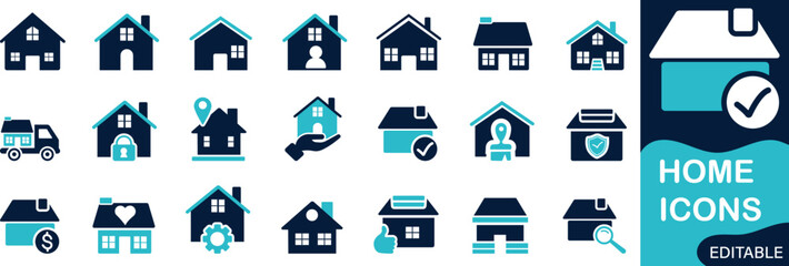 home real estate flat icon set featuring house property, building, apartment, real estate, residential, mortgage, and architecture roof vector symbols
