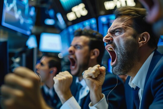 Portrait of professional traders celebrating market activity in a bustling trading room during a busy trading session