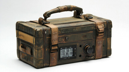 A vintage-style,  camo-covered,  rectangular radio with a leather handle and straps.