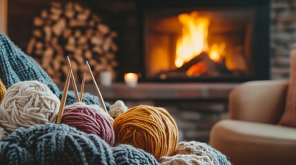 A cozy knitting circle with yarn and knitting needles by a fireplace, Knitting tools set amidst comfortable armchairs and cozy blankets, Social knitting style