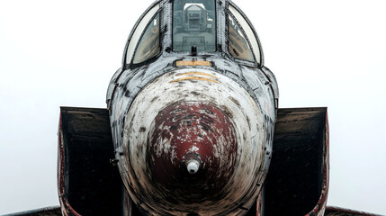Fototapeta premium A weathered, red and white fighter jet nose with the cockpit visible, against a white background.