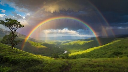 Naklejka premium A Vibrant Rainbow Arches Over a Serene Valley After a Rainstorm in a Lush Green Landscape