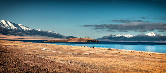 A Panorama view of the Sayram Lake (Salimu Hu) in the autumn in Xinjiang, China