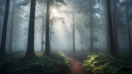 Misty Morning Light Filtering Through Tall Trees in a Serene Forest Trail Surrounded by Ferns and Fog