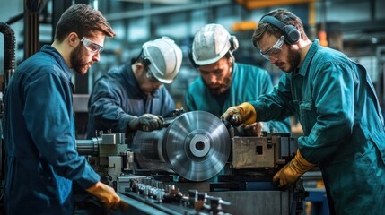 Engineering team improving efficiency of CNC machinery on production line, working collaboratively to optimize machine output, reduce waste, and ensure quality production