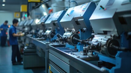 Engineers working on CNC machinery in production line, ensuring that all systems are running smoothly. The team goal is to maintain high standards of precision and efficiency throughout the process