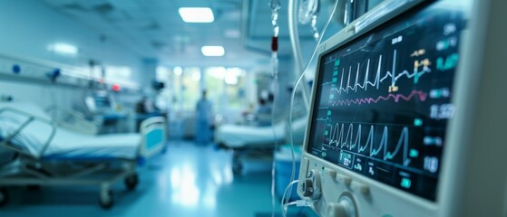 Hospital ward with heart monitor on a ventilator, quiet and serene atmosphere with dim lighting. Sparse occupancy, tranquil feel, no people.