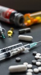 A photo shows medical supplies including syringes, pills, and bottles on a dark table. Implying medical use, the setting seems clinical or healthcare related.