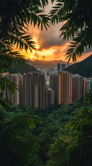 Fototapeta premium A city skyline is seen from a high vantage point, with the sun setting in the background. The buildings are tall and spread out, creating a sense of depth and scale