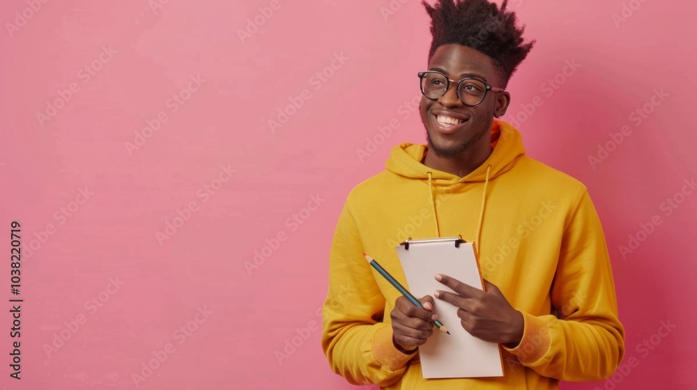 Sticker A smiling young Black man in glasses and an orange hoodie stands in front of a pink background, holding a pen and a clipboard, ready to write.