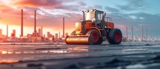 An image shows a large orange tractor on a cracked road facing right, with city buildings in the background and a sky transitioning from blue to darker tones, hinting at the blend of industry