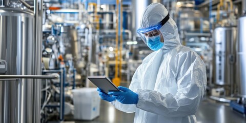 Industrial scientists wear disposable protective suits, masks and goggles at production facilities. Use a tablet computer