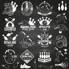 Set of Bowling sports club logo, badge design on the chalkboard. Vintage design with athlete, bowling pins and skeleton hand with bowling ball, eagle, crocodile silhouette. Vector.