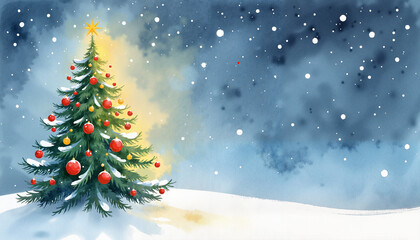 Festively decorated Christmas tree with red ornaments covered in snow against a winter night sky