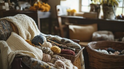 A cozy knitting corner with tools and comfortable seating, Knitting tools amidst baskets of yarn and patterns, Handcrafted knitting style