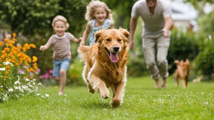 Parents and children playing with dog in garden, enjoying a peaceful afternoon of outdoor games. The dog is full of energy, running and playing with the kids, while the parents smile and join in