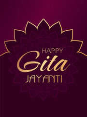 Golden text Happy Gita Jayanti on purple background with floral frame. Elegant festive design for greeting card, banner or poster for Gita Mahotsav.
