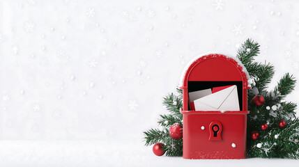Festive Red Mailbox Surrounded by Snow and Evergreen Branches Creating a Magical Holiday Atmosphere for Sending Letters