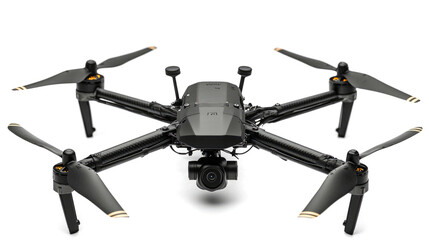 Black drone with four propellers and a camera on a white background.