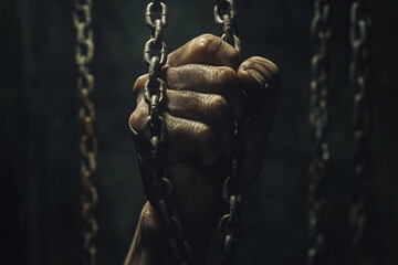 Clenched fist tightly bound in metal chains, symbolizing struggle and oppression with a powerful representation of strength and resilience amidst adversity.