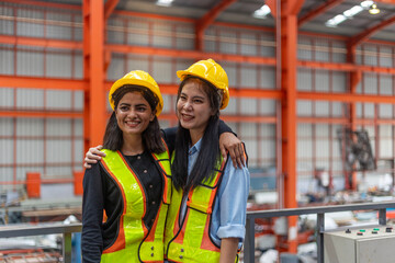 Two female mechanical engineers from different ethnicities and cultures having a discussion over a production plan. Cooperation or partnership across cultures and races in a manufacturing system