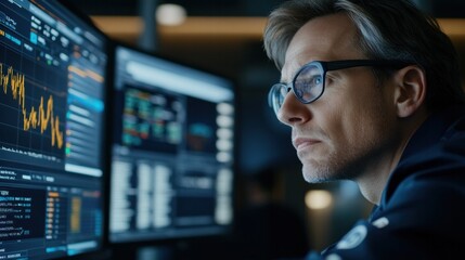 Stock market trader analyzing graphs on computer, using real-time market data to identify trends and predict stock price movements. The graphs provide essential insights for timely trades