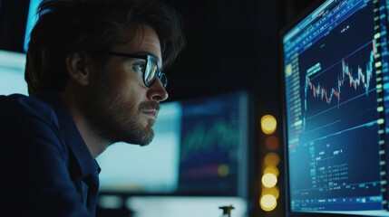 Stock market trader analyzing graphs on computer, using real-time market data to identify trends and predict stock price movements. The graphs provide essential insights for timely trades