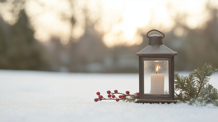 Rustic Christmas Lantern on Snow with Berries and Fir Branches