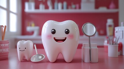 Cheerful scene of healthy white teeth beaming on a soft red background complemented by essential dentist tools like a mirror and hook promoting a positive message about oral hygiene and dental visits