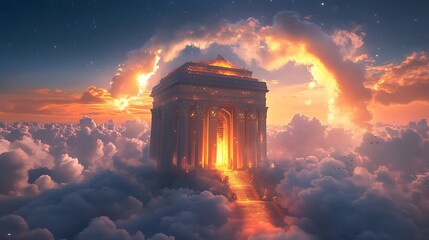 An ancient temple with a glowing entrance floating above a sea of clouds