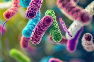 Microscopic view of various colorful bacteria floating and moving