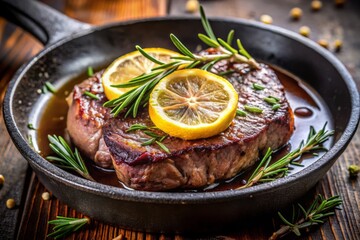 Delicious Araffy Steak on a Pan with Lemon and Rosemary &ndash; Juicy, Gourmet Cooking, Culinary Delight, Food Photography, Pan-Seared Steak, Fresh Ingredients, Gastronomy
