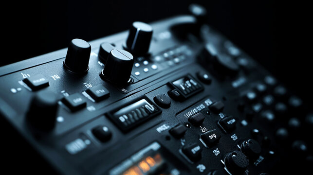 Close-up of a cockpit control panel with buttons and knobs.
