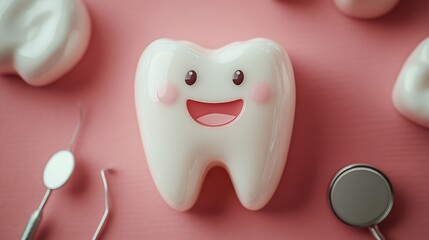Cheerful scene of healthy white teeth beaming on a soft red background complemented by essential dentist tools like a mirror and hook promoting a positive message about oral hygiene and dental visits