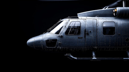 Close-up of a military helicopter against a dark background.