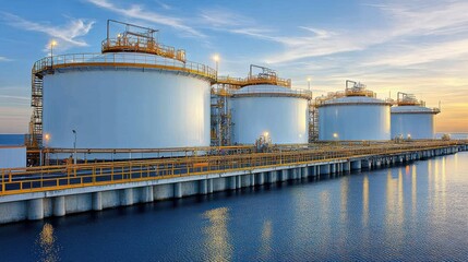 Naklejka premium Industrial storage tanks near a calm waterfront at sunset, with reflections on the water and clear skies above.