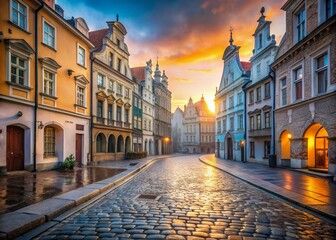 Fototapeta premium Deserted Cobblestone Street in Poznan at Dawn - Architectural Photography, Narrow Paths, Historic Architecture, Urban Exploration, Morning Light, Tranquil Atmosphere, European Charm