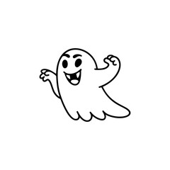 Halloween doodle ghost. Cute poltergeist scares others. Trick or Treat. Vector outline illustration. For coloring book.