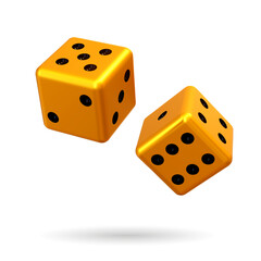 Casino Gambling dice with black dots. Vector illustration. Gold Game Dice Cubes in Flight on a white background. Realistic 3d icon for casino and gambling industry.
