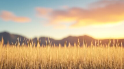 Obraz premium Golden grass field at sunset with mountains in the background, soft focus.