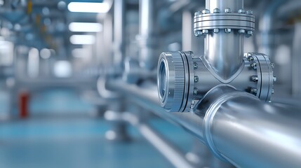 Fototapeta premium Close-up of shiny metal pipe fitting in a modern industrial environment, showcasing engineering and plumbing technology.
