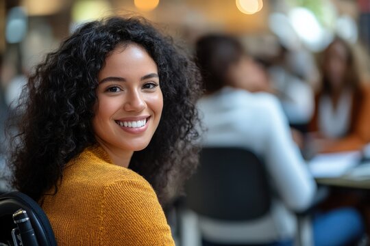 Disabled Business. Smiling Biracial Young Adult Businesswoman at Meeting with Colleagues