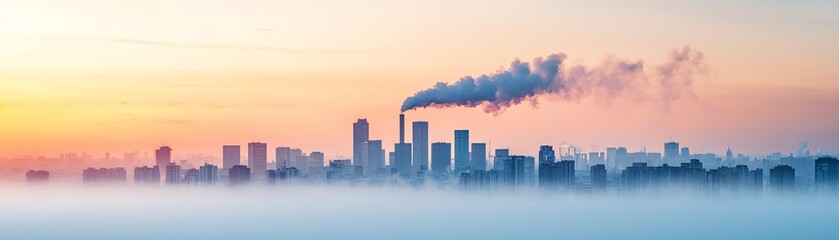 Fototapeta premium City skyline with rising smoke, surrounded by a soft fog, illuminated by a beautiful sunrise creating a serene atmosphere.