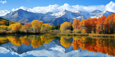 Fototapeta premium a serene landscape with a body of water reflecting the surrounding scenery. The water's surface is calm, and the reflection is clear, creating a mirror image of the scene.